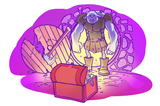 A Cartoon-Style Adventurer Discovering A Treasure Chest With A Large Hammer And Opened Treasure.