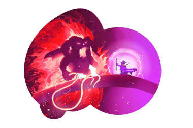 A Dynamic Illustration Of A Robot Battling A Fiery Creature With Futuristic Elements.