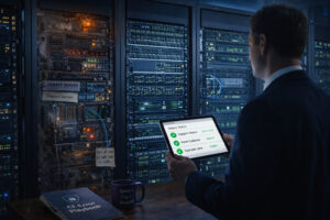 A CIO reviews a security dashboard in a server room, standing beside an aging ‘legacy’ rack labeled CF 2016/2018 while newer infrastructure runs cleanly in the background