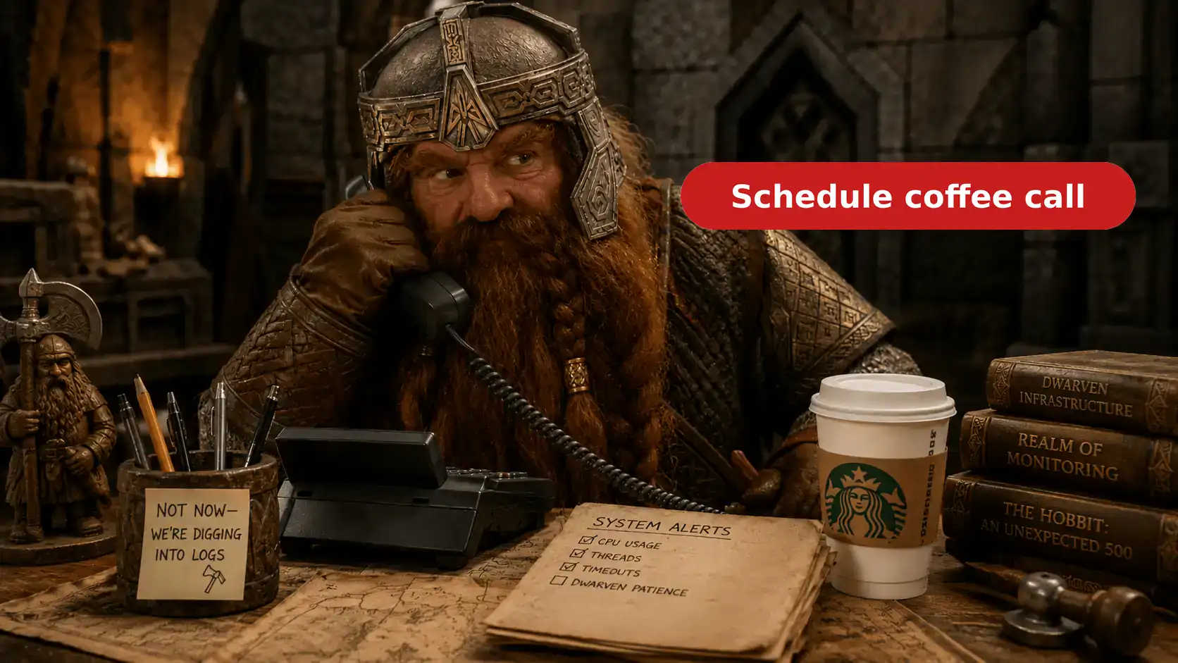 Viking With Beard And Helmet Taking A Call At Coffee Shop Desk.