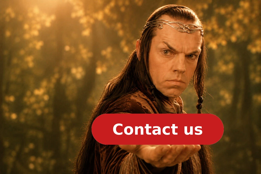 Elf Holding A 'Contact Us' Button In A Forest Setting For Coldfusion Development.