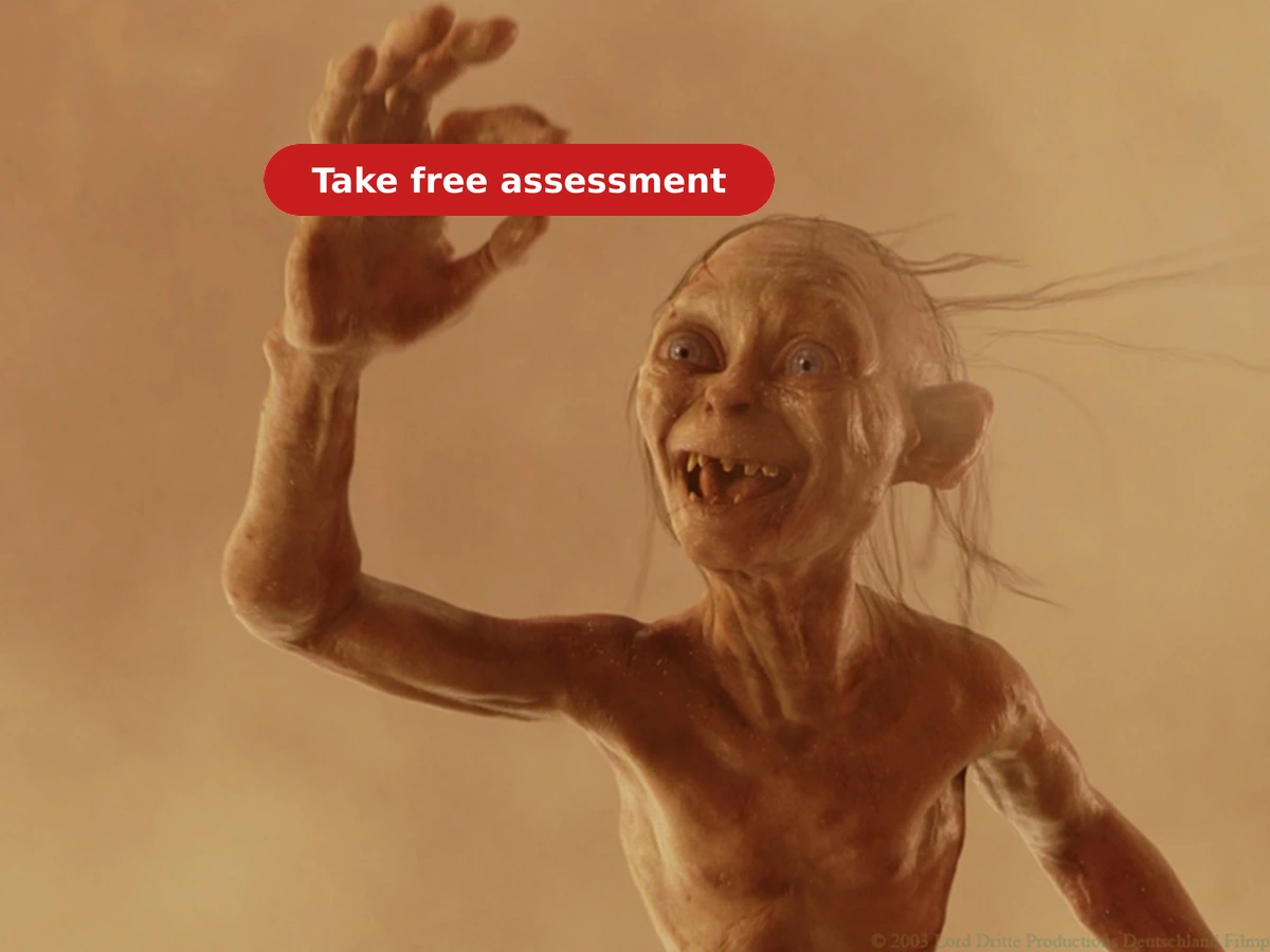 Fantasy Creature With A Raised Hand And A Red Banner Saying Take Free Assessment.